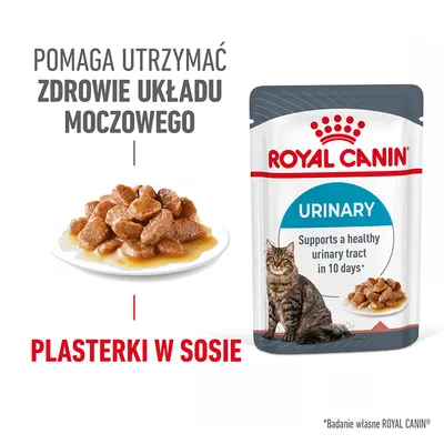 ROYAL CANIN URINARY, plasterki w sosie. Pomaga utrzymać zdrowie układu moczowego. Na opakowaniu kot i miska z karmą. Tekst po angielsku: Supports a healthy urinary tract in 10 days.