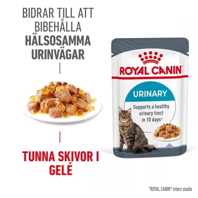 ROYAL CANIN URINARY våtfoder för katt, tunna skivor i gelé. Text: Bidrar till att bibehålla hälsosamma urinvägar. Supports a healthy urinary tract in 10 days.