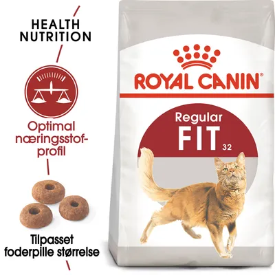ROYAL CANIN Regular FIT 32 kattemad, tekst: Optimal næringsstofprofil, Tilpasset foderpille størrelse, billede af tørfoder og kat. Health Nutrition synlig.