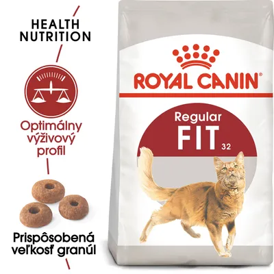 ROYAL CANIN Regular FIT 32, obrázok mačky, text: Health Nutrition, Optimálny výživový profil, Prispôsobená veľkosť granúl, zobrazené granule.