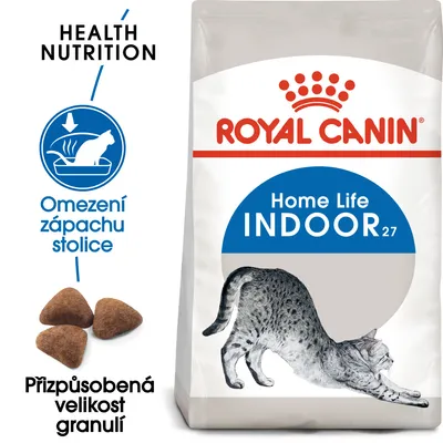 Balení Royal Canin Home Life Indoor 27, text: Omezení zápachu stolice, Přizpůsobená velikost granulí, obrázek kočky a tři granule.