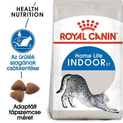 Royal Canin Home Life Indoor 27 macskaeledel csomagolás, szöveg: Az ürülék szagának csökkentése, Adaptált tápszemcse méret, három táp szemcse képe, nyújtózkodó macska rajza Royal Canin Home Life Indoor 27 macskaeledel csomagolás, szöveg: Az ürülék szagának csökkentése, Adaptált tápszemcse méret, három táp szemcse képe, nyújtózkodó macska rajza