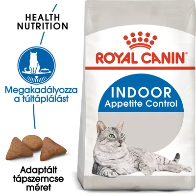 Royal Canin Indoor Appetite Control macskaeledel csomag, szürke cica képe, feliratok: Megakadályozza a túltáplálást, Adaptált tápszemcse méret, három tápdarab látható.