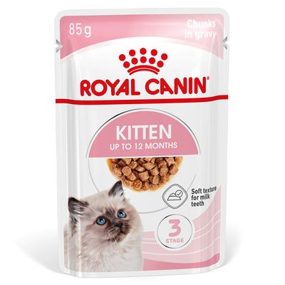 Royal Canin Kitten jopa 12 kuukautta, 85 g, Palat kastikkeessa, Pehmeä koostumus maitohampaille, 3 vaihetta.