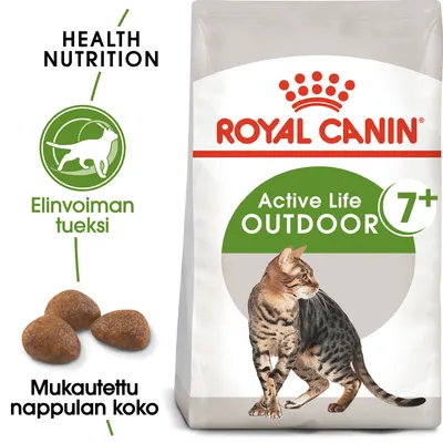 Royal Canin Active Life Outdoor 7+ kissanruoka, pakkauksessa kissa ja teksti: Elinvoiman tueksi, Mukautettu nappulan koko, Health Nutrition
