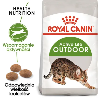 ROYAL CANIN Active Life Outdoor, wspomaganie aktywności, odpowiednia wielkość krokietów. Na opakowaniu kot i trzy krokiety.