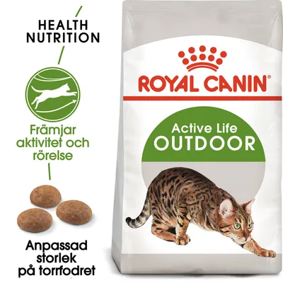 Royal Canin Active Life Outdoor kattfoder, text: Health Nutrition, Främjar aktivitet och rörelse, Anpassad storlek på torrfodret. Bild på foderkulor och katt.