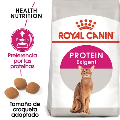 Royal Canin PROTEIN Exigent, preferencia por las proteínas, tamaño de croqueta adaptado. Imagen de croquetas y un gato en el envase. Texto: Health Nutrition, Protein. Royal Canin PROTEIN Exigent, preferencia por las proteínas, tamaño de croqueta adaptado. Imagen de croquetas y un gato en el envase. Texto: Health Nutrition, Protein.