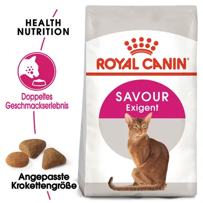 Royal Canin Savour Exigent Katzenfutter. Doppeltes Geschmackserlebnis und angepasste Krokettengrösse. Health Nutrition für anspruchsvolle Katzen.