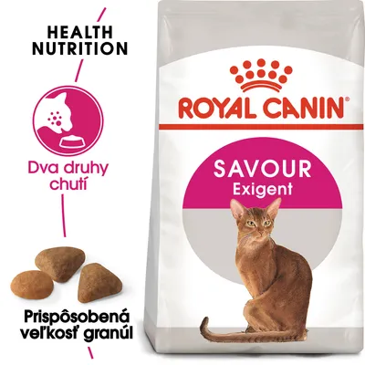 ROYAL CANIN SAVOUR Exigent, dva druhy chuti, prispôsobená veľkosť granúl, balenie s obrázkom mačky a granúl, text HEALTH NUTRITION. ROYAL CANIN SAVOUR Exigent, dva druhy chuti, prispôsobená veľkosť granúl, balenie s obrázkom mačky a granúl, text HEALTH NUTRITION.