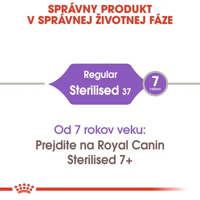 Správny produkt v správnej životnej fáze. Regular Sterilised 37. 7 rokov. Od 7 rokov veku: Prejdite na Royal Canin Sterilised 7+.