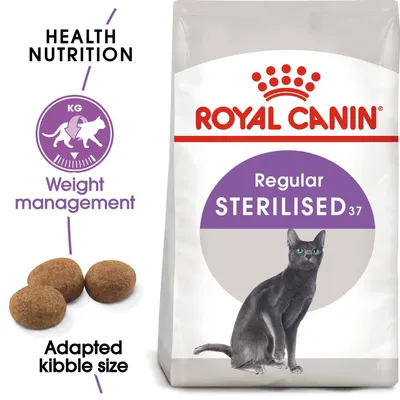 ROYAL CANIN Regular STERILISED 37 cat food pack, black cat image, text: Health Nutrition, Weight management, Adapted kibble size. Three pieces of round brown kibble shown. ROYAL CANIN Regular STERILISED 37 cat food pack, black cat image, text: Health Nutrition, Weight management, Adapted kibble size. Three pieces of round brown kibble shown.