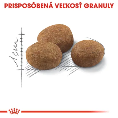 Tri granuly s nápisom „PRISPÔSOBENÁ VEĽKOSŤ GRANULY“ a mierkou 1 cm, znázorňujú veľkosť krmiva.