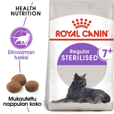 Royal Canin Regular Sterilised 7+ kissanruoka, näkyvissä musta kissa, tekstit: Health Nutrition, Elinvoiman tueksi, Mukautettu nappulan koko.
