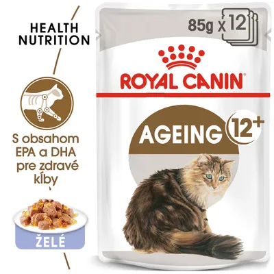 Royal Canin Ageing 12+ kapsičky pre mačky, 85 g x 12, želé. S obsahom EPA a DHA pre zdravé kĺby. Text: Health Nutrition, Želé. Royal Canin Ageing 12+ kapsičky pre mačky, 85 g x 12, želé. S obsahom EPA a DHA pre zdravé kĺby. Text: Health Nutrition, Želé.