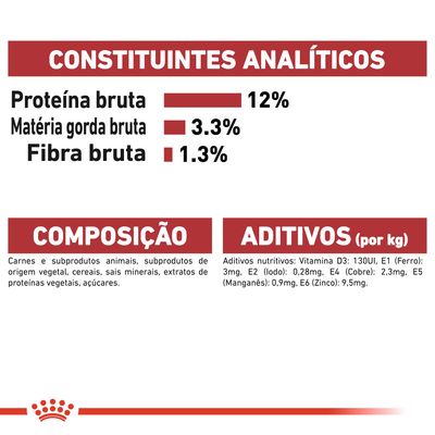 Constituintes analíticos: proteína bruta 12 %, matéria gorda bruta 3,3 %, fibra bruta 1,3 %. Composição: carnes, subprodutos animais e vegetais, cereais, sais minerais, açúcares. Aditivos: vitamina D3, ferro, iodo, cobre, manganês, zinco.
