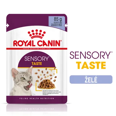 ROYAL CANIN SENSORY TASTE, 85 g, kúsky v želé. Na obale mačka a porcia krmiva. Text: SENSORY TASTE, ŽELÉ, FELINE HEALTH NUTRITION.