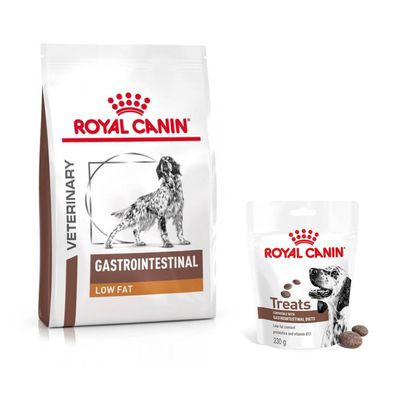 Royal Canin Veterinary Gastrointestinal Hundefutter, Verpackung mit Hundegrafik und braun-weissen Designelementen.