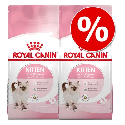 Royal Canin Kitten macskaeledel, 2 db csomag, KITTEN Up to 12 months felirattal, piros százalékos akciójelzés a jobb felső sarokban