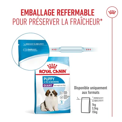Emballage refermable de Royal Canin Puppy Giant, système easyopen et zip, disponible en 1 kg, 3,5 kg et 15 kg. Atmosphère fraîcheur.