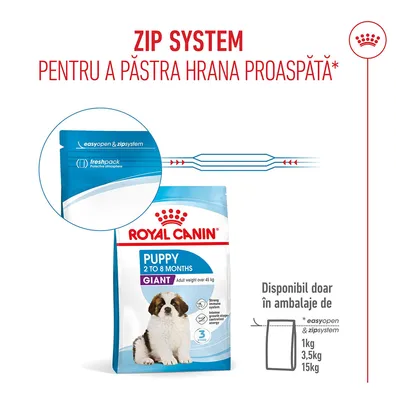 Royal Canin Puppy Giant 2 până la 8 luni cu sistem Zip pentru prospețime, easyopen & zipsystem, freshpack. Disponibil în ambalaje de 1 kg, 3,5 kg și 15 kg.