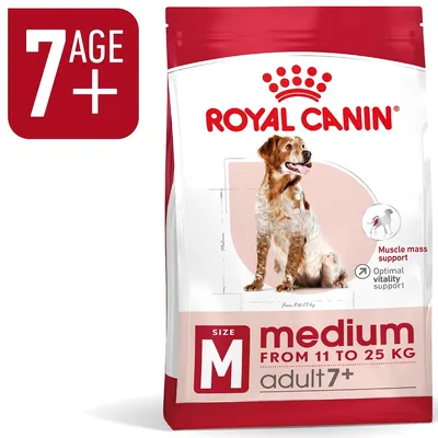 Royal Canin medium adult 7+, fra 11 til 25 kg, synlig tekst: muscle mass support, optimal vitality support, 7 age+, billede af hund på posen Royal Canin medium adult 7+, fra 11 til 25 kg, synlig tekst: muscle mass support, optimal vitality support, 7 age+, billede af hund på posen