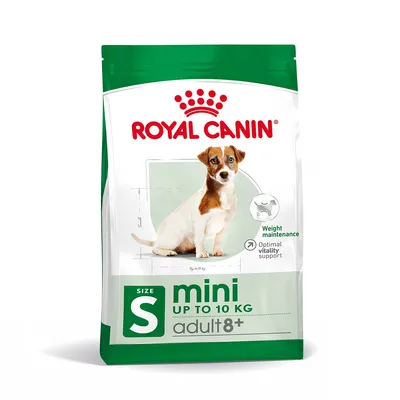 Royal Canin mini adult 8+, size S, tot 10 kg. Weight maintenance, optimal vitality support. Afbeelding van een kleine hond op de verpakking.