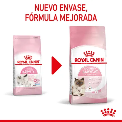 Royal Canin Mother & Babycat muestra cambio de envase y fórmula mejorada. Texto visible: 'Nuevo envase, fórmula mejorada'. Producto para gatos madre y gatitos 1–4 meses. Royal Canin Mother & Babycat muestra cambio de envase y fórmula mejorada. Texto visible: 'Nuevo envase, fórmula mejorada'. Producto para gatos madre y gatitos 1–4 meses.
