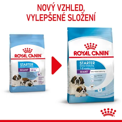 Porovnání starého a nového balení krmiva Royal Canin Starter Giant s textem: Nový vzhled, vylepšené složení. Obě balení zobrazují psy a nápisy Starter Giant.