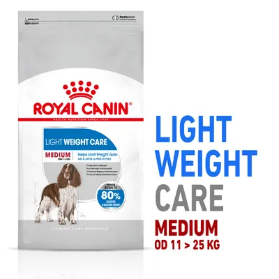 Royal Canin Light Weight Care Medium, výsledky 80 % dosiahlo zdravšiu hmotnosť, pre psy od 11 do 25 kg. Text: Helps limit weight gain. LIGHT WEIGHT CARE MEDIUM OD 11 > 25 KG.