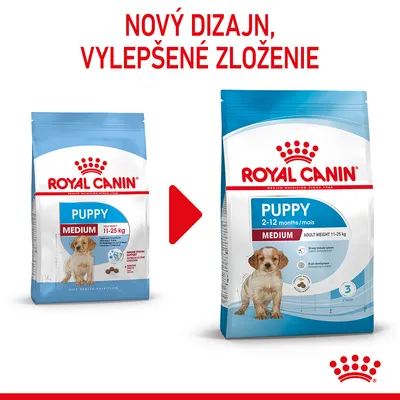 Royal Canin Puppy Medium 11–25 kg, nový dizajn obalu a vylepšené zloženie. Na obrázku starý a nový obal s textom: PUPPY MEDIUM 2–12 months, adult weight 11–25 kg.