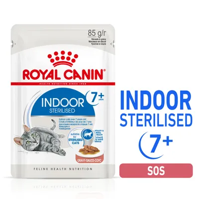 ROYAL CANIN INDOOR STERILISED 7+ mokra karma dla kotów, 85 g, widoczny napis: suitable for sterilised cats, gravy-sauce, Feline Health Nutrition