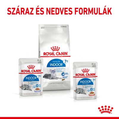 Royal Canin Indoor 7+ száraz és nedves macskaeledel csomagolások, felül: SZÁRAZ ÉS NEDVES FORMULÁK felirat. Látható márkanév, terméknév, macskakép a csomagokon.
