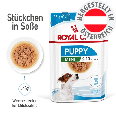 Royal Canin Puppy Mini 2-10 months, Stückchen in Soße, weiche Textur für Milchzähne, 85g x12, hergestellt in Österreich.