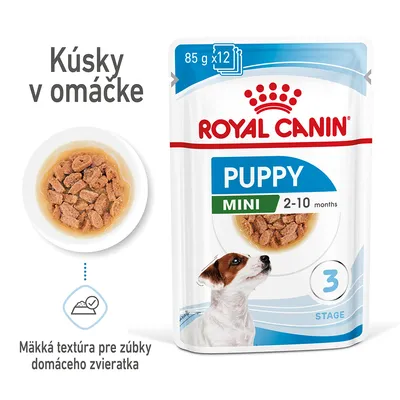Royal Canin Puppy Mini 2–10 months, kúsky v omáčke, 85 g ×12, mäkká textúra pre zúbky domáceho zvieratka, stupeň 3