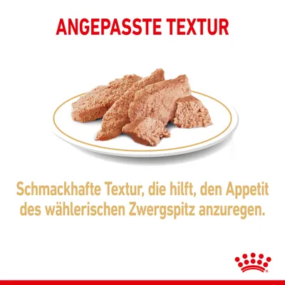 Angepasste Textur. Schmackhafte Textur, die hilft, den Appetit des wählerischen Zwergspitz anzuregen.