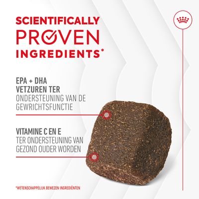 SCIENTIFICALLY PROVEN INGREDIENTS. EPA + DHA vetzuren ter ondersteuning van de gewrichtsfunctie. Vitamine C en E ter ondersteuning van gezond ouder worden. *Wetenschappelijk bewezen ingrediënten.