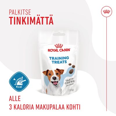Royal Canin Training Treats Tasty Chews 110 g, alle 3 kaloria makupalaa kohti. Palkitse tinkimättä. Low calorie. Kcal-merkki näkyvissä.