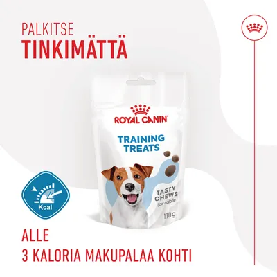 Royal Canin Training Treats Tasty Chews 110 g, alle 3 kaloria makupalaa kohti. Palkitse tinkimättä. Low calorie. Kcal-merkki näkyvissä.
