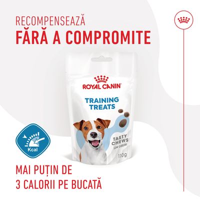ROYAL CANIN Training Treats Tasty Chews Low Calorie 110g, recompense pentru câini, mai puțin de 3 calorii pe bucată. Text: Recompensează fără a compromite.