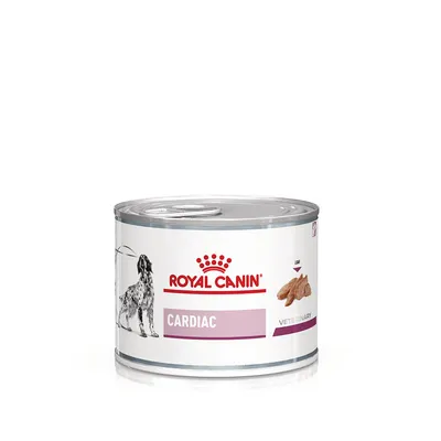Scatoletta Royal Canin Cardiac Veterinary per cani, con immagine di cane e crocchette sulla confezione. Testo visibile: CARDIAC, VETERINARY.