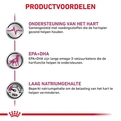 Productvoordelen: ondersteuning van het hart, EPA+DHA voor hartfunctie, laag natriumgehalte om belasting van het hart te verminderen. Alle tekst in het Nederlands.