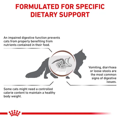 FORMULATED FOR SPECIFIC DIETARY SUPPORT. Κείμενο στα αγγλικά για πεπτική λειτουργία, συμπτώματα όπως εμετός και διάρροια, ανάγκη ελεγχόμενων θερμίδων σε γάτες. Εικόνα γάτας με έντερα.