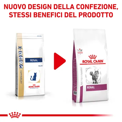 Nuovo design della confezione, stessi benefici del prodotto. Due sacchetti Royal Canin Renal per gatti a confronto: vecchio e nuovo packaging.