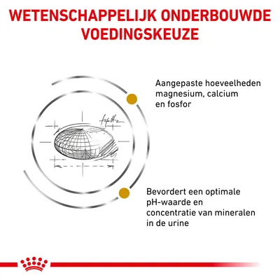 Wetenschappelijk onderbouwde voedingskeuze. Aangepaste hoeveelheden magnesium, calcium en fosfor. Bevordert optimale pH-waarde en mineraalconcentratie in urine.