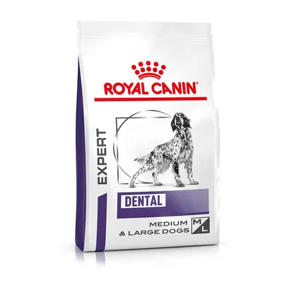 Royal Canin Expert Dental Medium & Large Dogs M/L, opakowanie z ilustracją psa i napisami: EXPERT, DENTAL, MEDIUM & LARGE DOGS M/L.