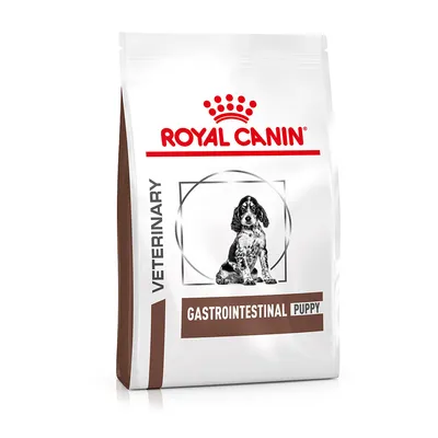 Bag labelled veterinary gastrointestinal puppy, showing a black and white puppy illustration. Product is intended for gastrointestinal support in puppies.
