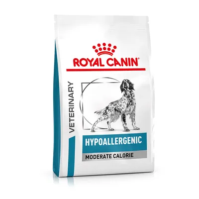 Bag labelled veterinary hypoallergenic moderate calorie. Features an image of a dog and the brand name Royal Canin.
