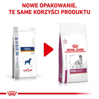 Nowe opakowanie karmy Royal Canin Renal Select dla psów. Napis: Nowe opakowanie, te same korzyści produktu. Widoczne dwa różne opakowania tej samej karmy.