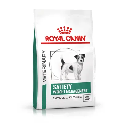 Royal Canin Veterinary Satiety Weight Management για μικρούς σκύλους, συσκευασία με πράσινο και λευκό σχέδιο, ορατή εικόνα μικρού σκύλου.